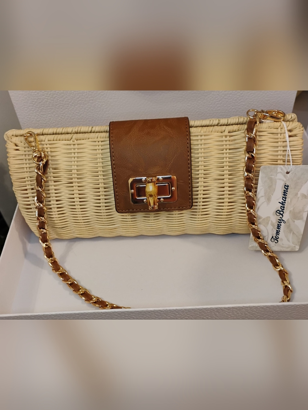 NWT Tommy Bahama Clutch/Shoulder Bag - Cream Wicker w/ Brown Trim
